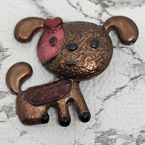 Jewelry - Cute Copper Tone Dog Brooch Pendant Red Heart Eye & Pin Back 2 Inches Tall